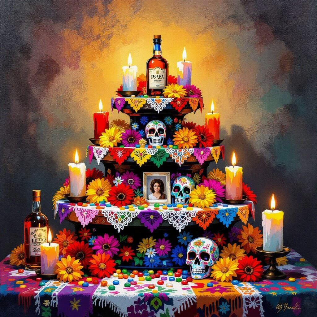 Vibrant Day of the Dead Ofrenda With Candles and Flowers
