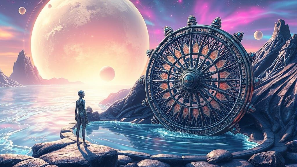 Metallic Alien Planet with Crystal Being and Water Wheel