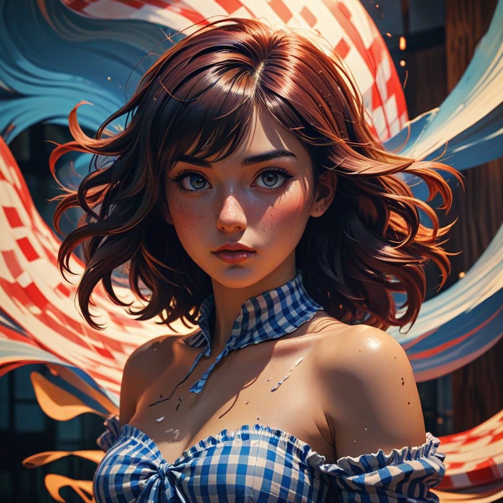 Gingham Vortex: A Young Woman Emerges from a Swirling Checke...
