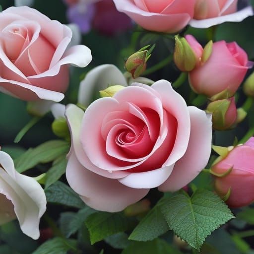 Dreamy Red Roses in Magical Garden, Vector Art