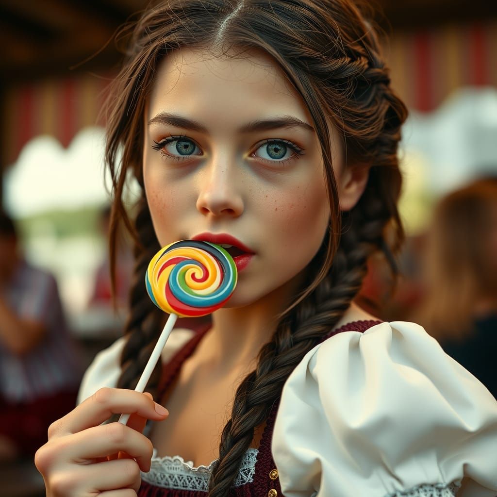 Brunette Girl with Lollipop in Cinematic Film Still