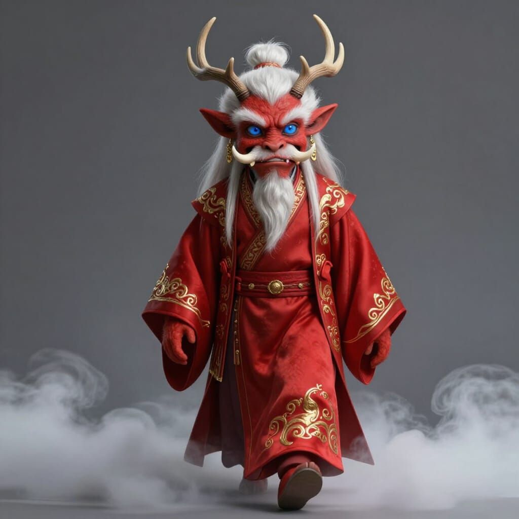 Fantasy Character with Antlers and Red Silk Robe