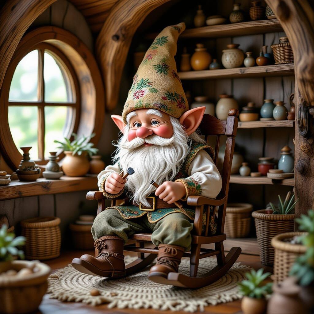 Gnome Carving Miniature Chair in Mushroom Home