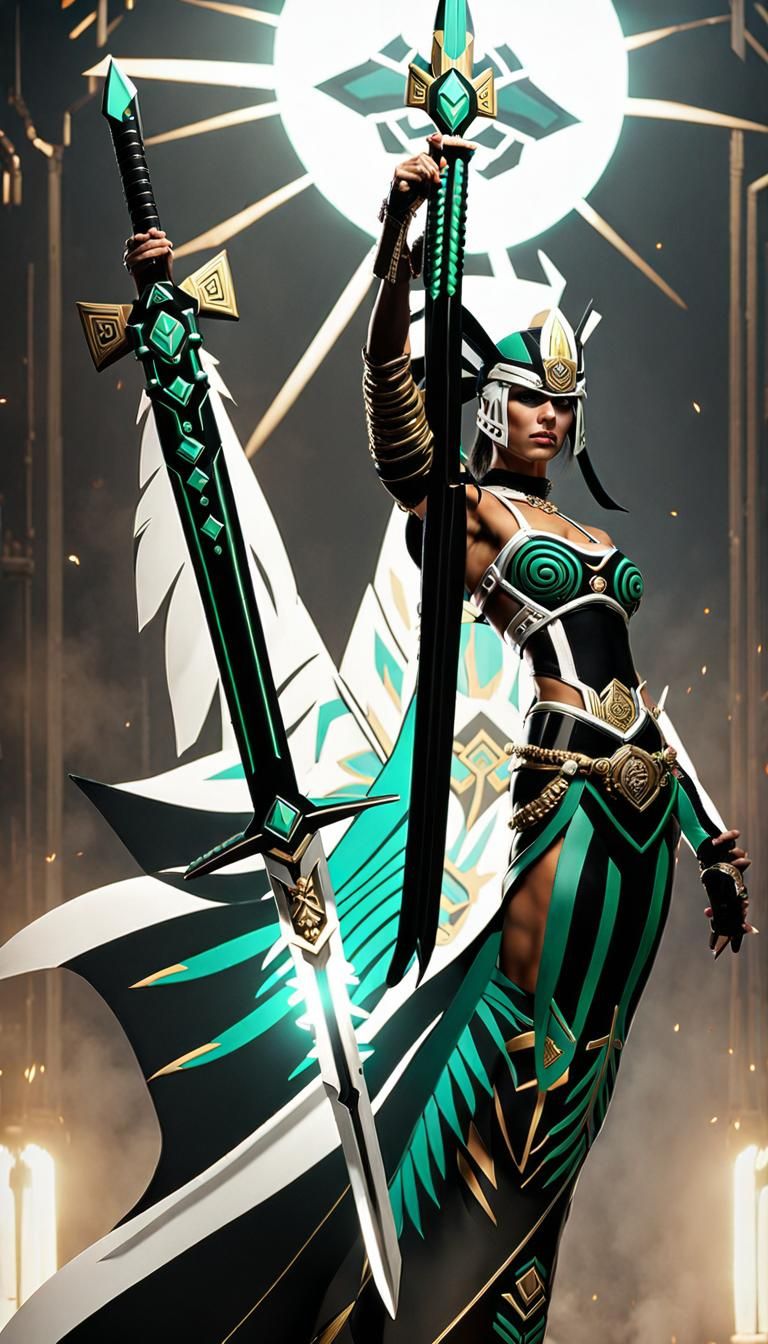 Cyberpunk Aztec Warrior Woman with Flaming Sword