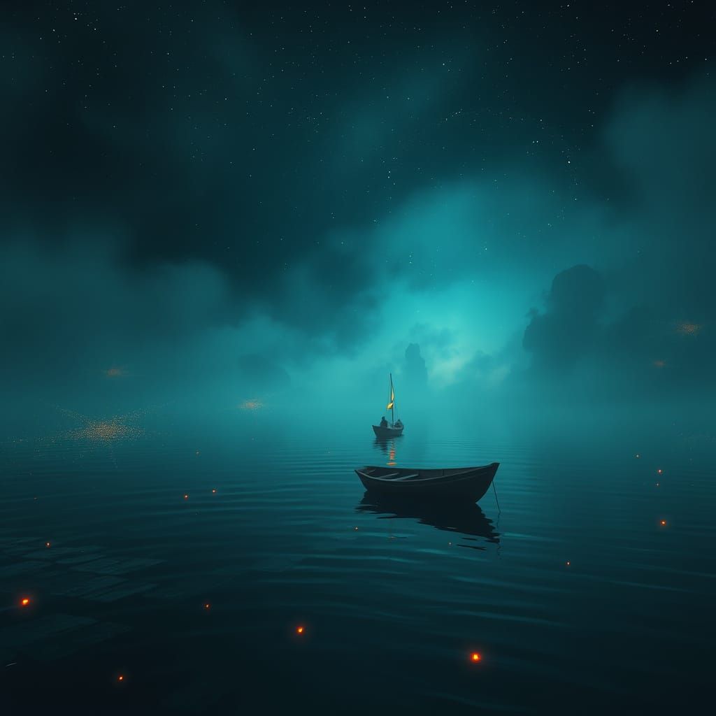 Surreal Mystic Lagoon Scene at Night