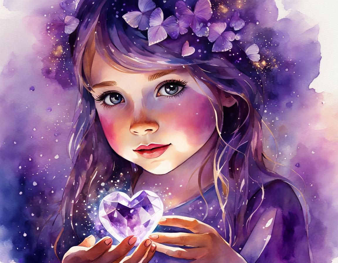 Amethyst Heart Girl: Watercolor Fairytale Illustration