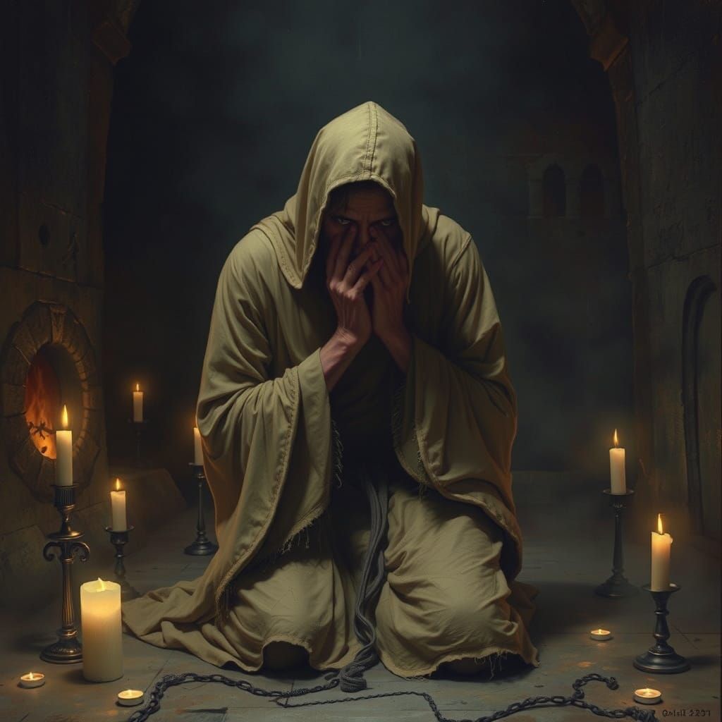 Expressionist Sorrows: Figure Kneeling Amidst Glowing Candle...