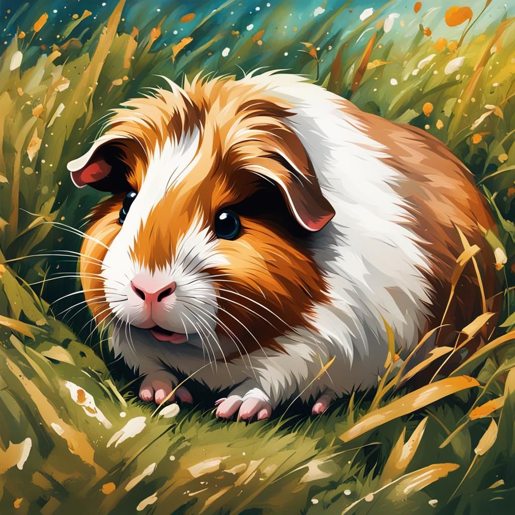 Guinea Pig Sleeping in Grassy Field in Graffiti Art