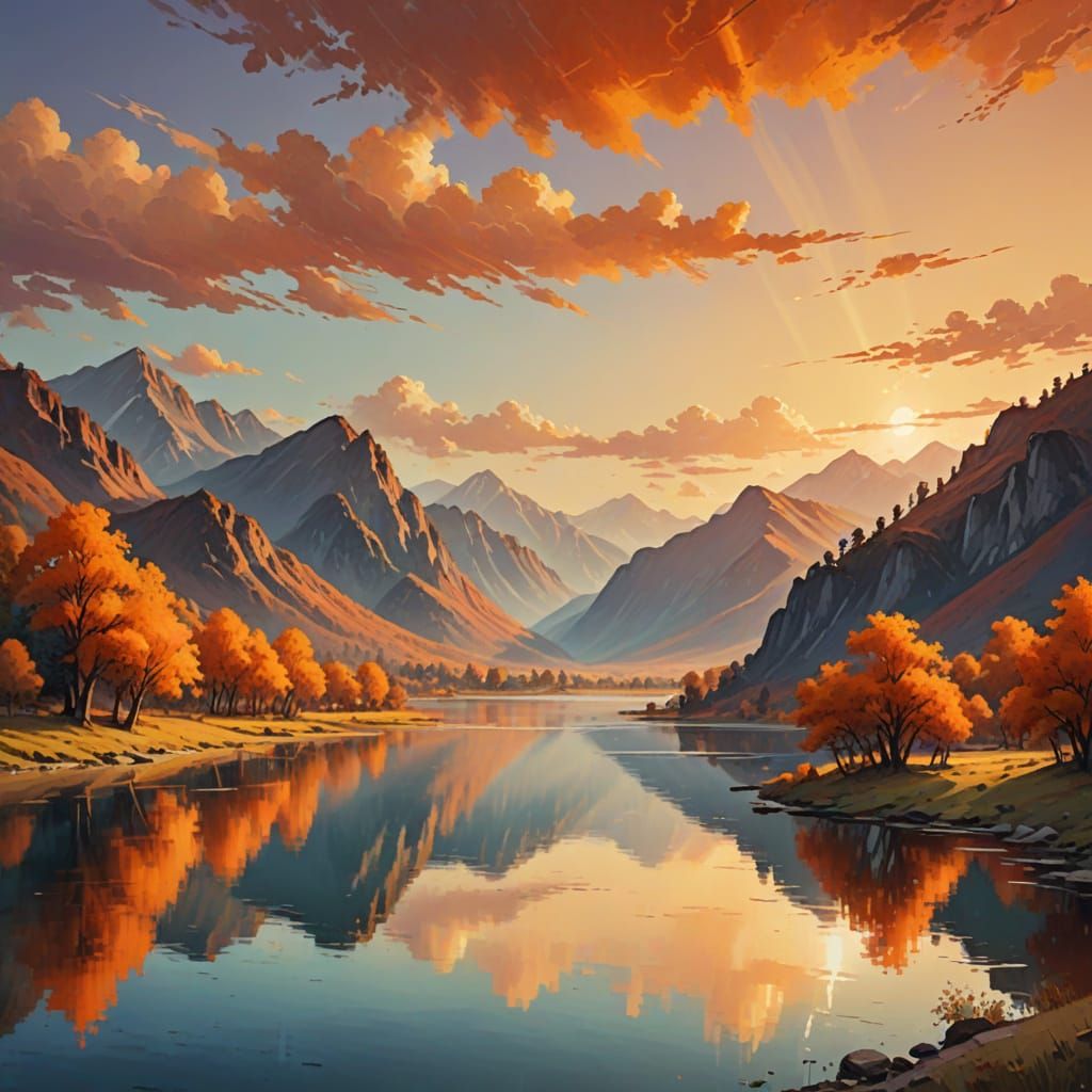 Impressionist Orange Mountains and Lake Landscape