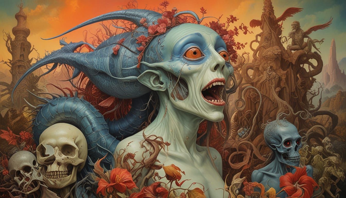 Surreal Fantasy Painting of Fallen Angels in a Land of Broke...