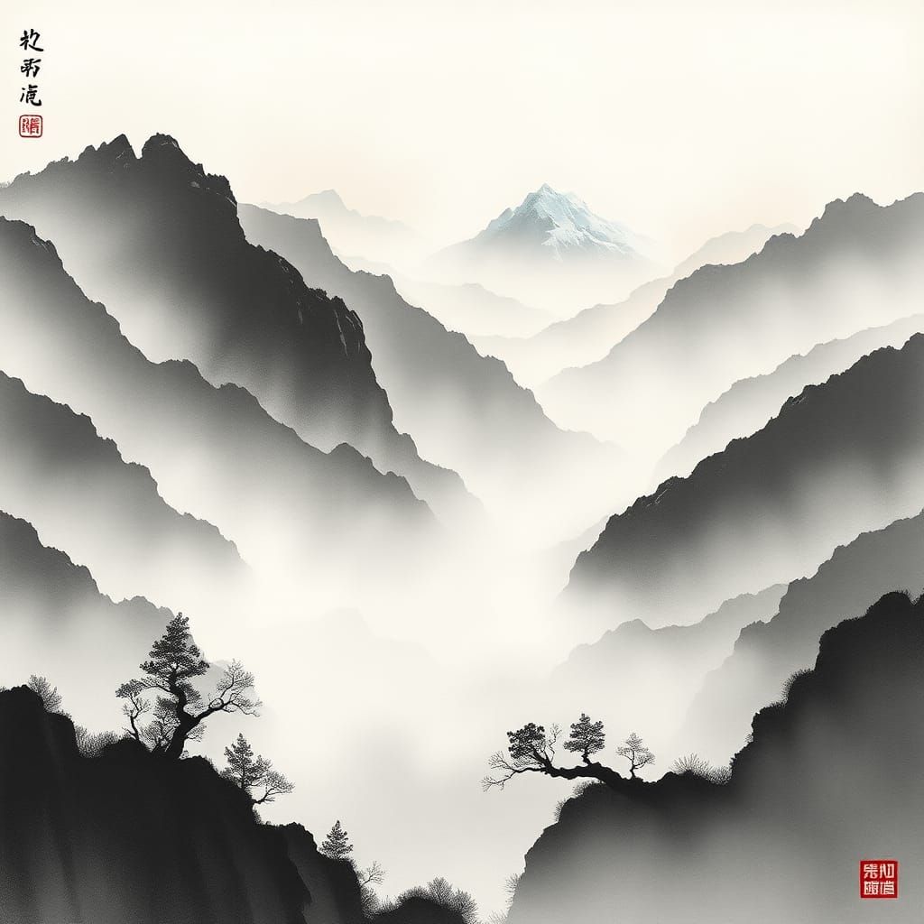 Serene Mountain Landscape in Chinese Ink Wash Style