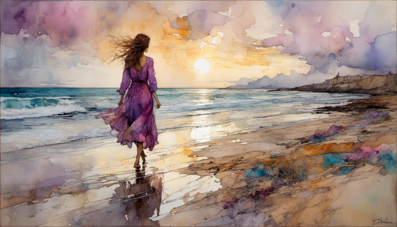 Woman Walking on Beach at Sunset: Impressionistic Style