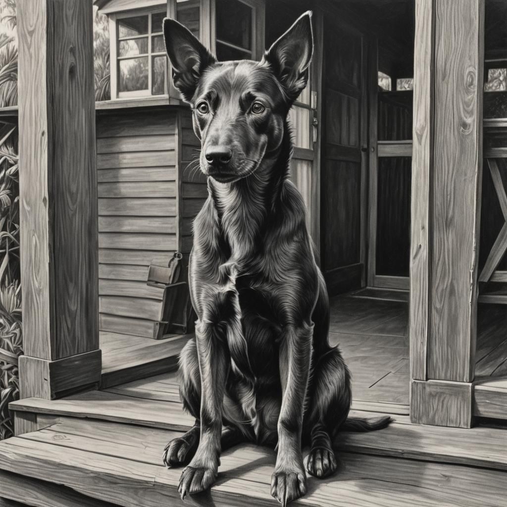 Kelpie Dog on Queenslander Veranda, Charcoal Drawing