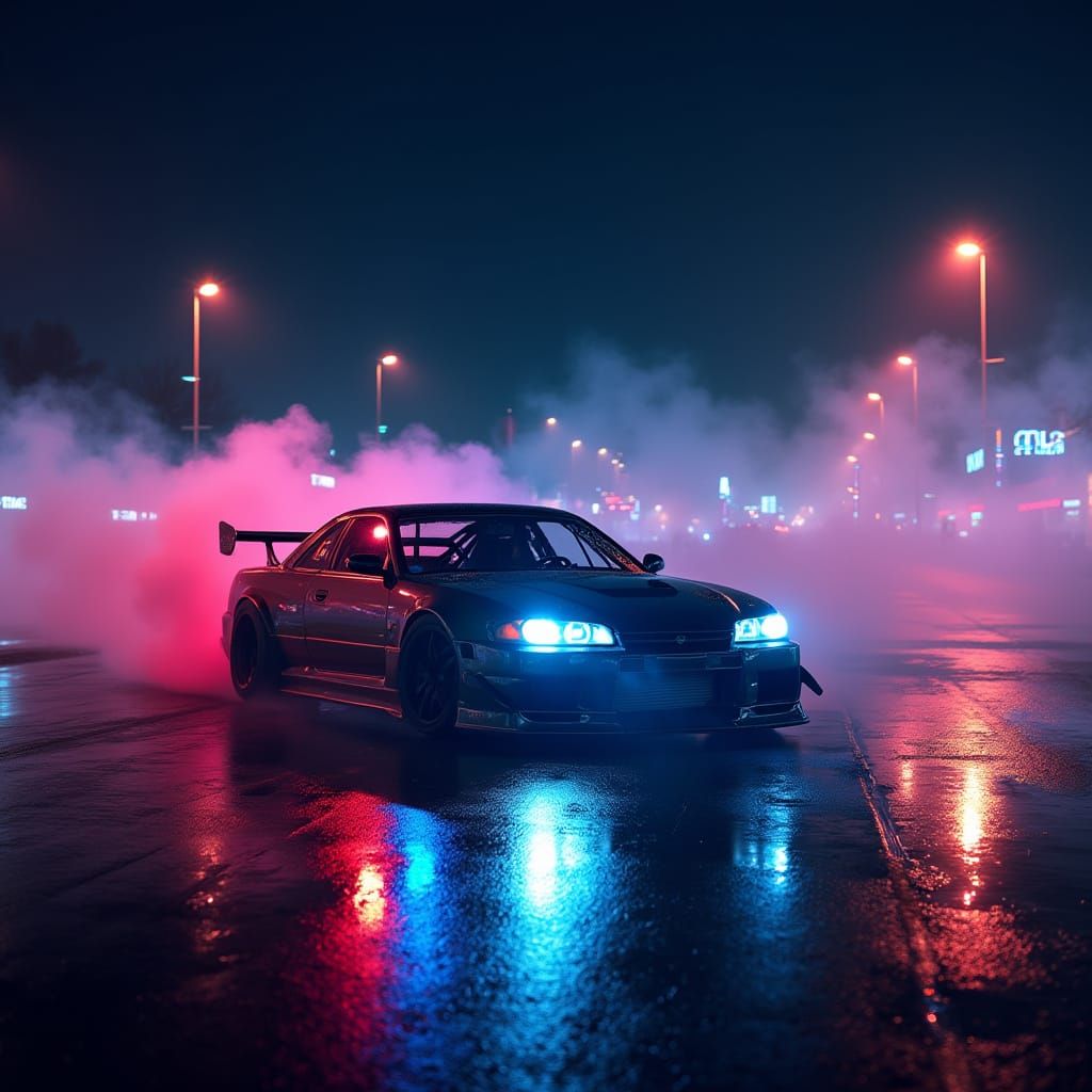 Intense Car Drifting at Night in Cyberpunk Style