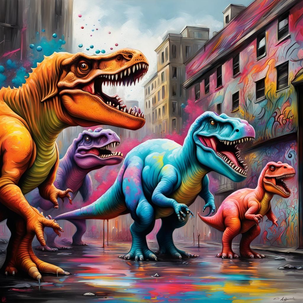 Dinosaurs Hazing in Colorful Graffiti Street Art