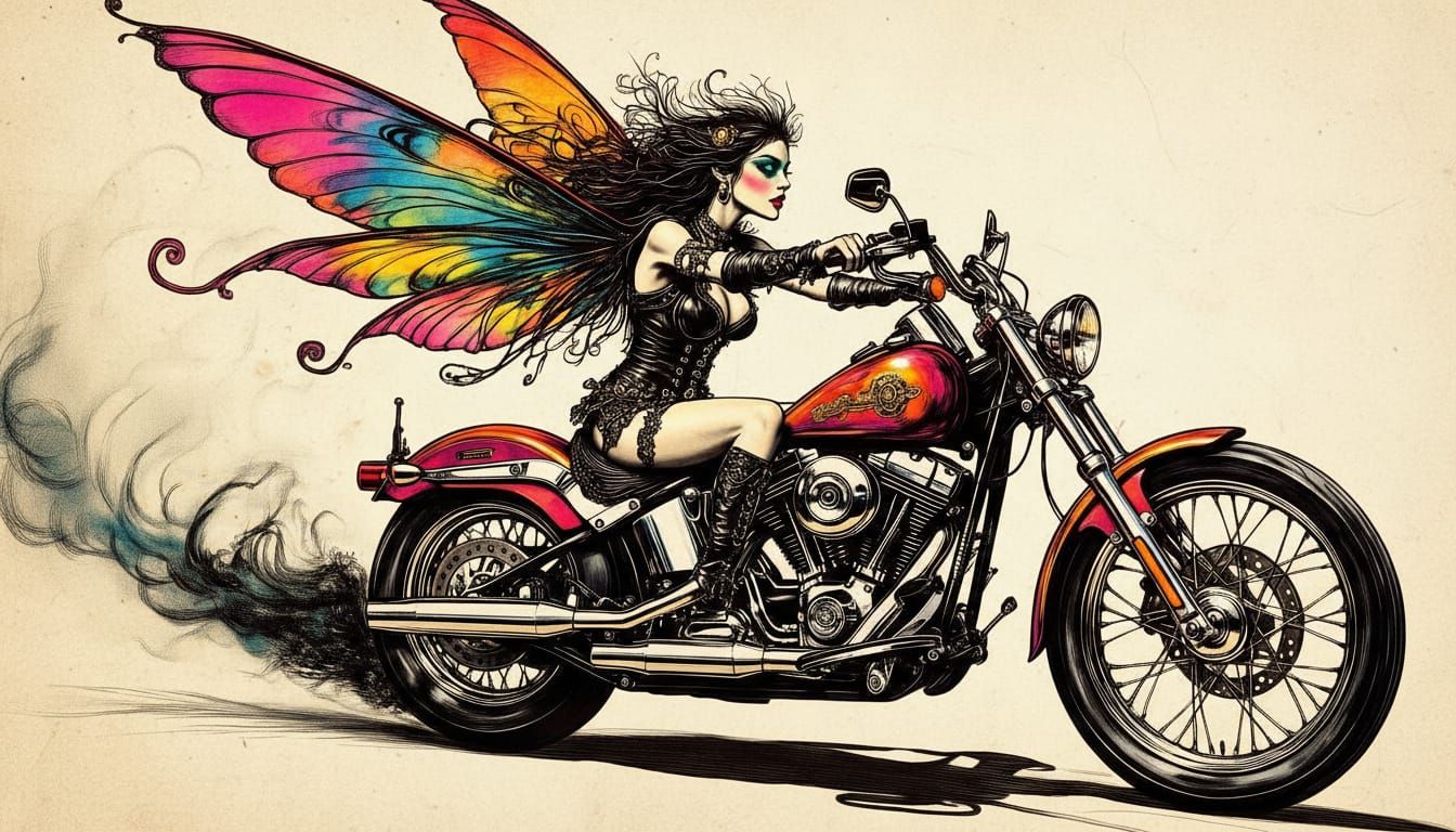 Steampunk Fairy on Harley in Etched Line Drawing