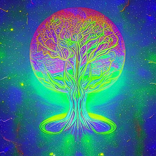 Yggdrasil Tree Art in Holographic Cosmic Style