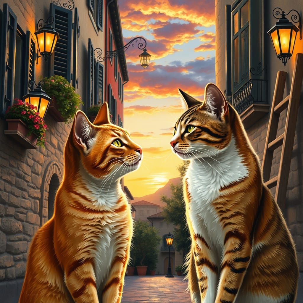 Two Cats in Love on a European Street at Sunset