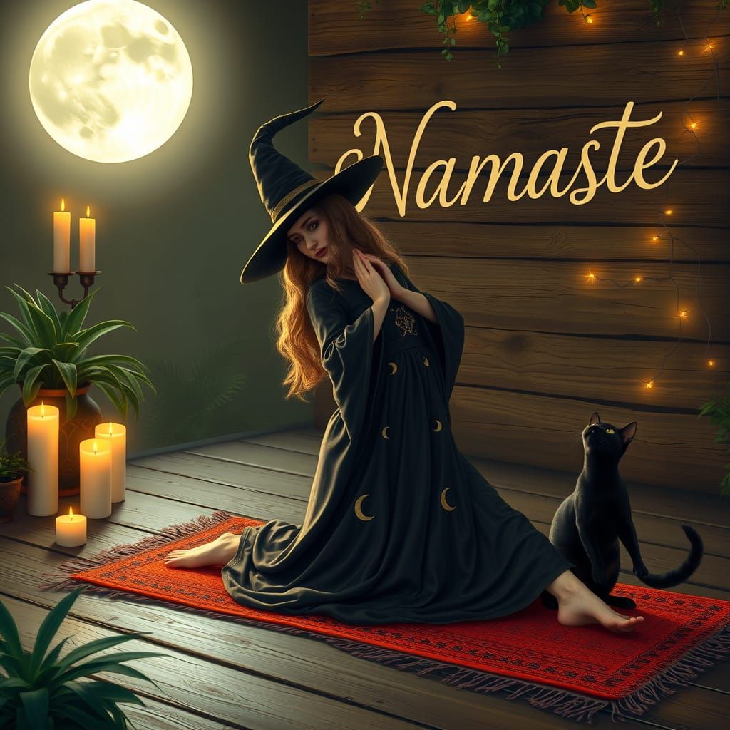 Mystical Witch Practicing Yoga at Night