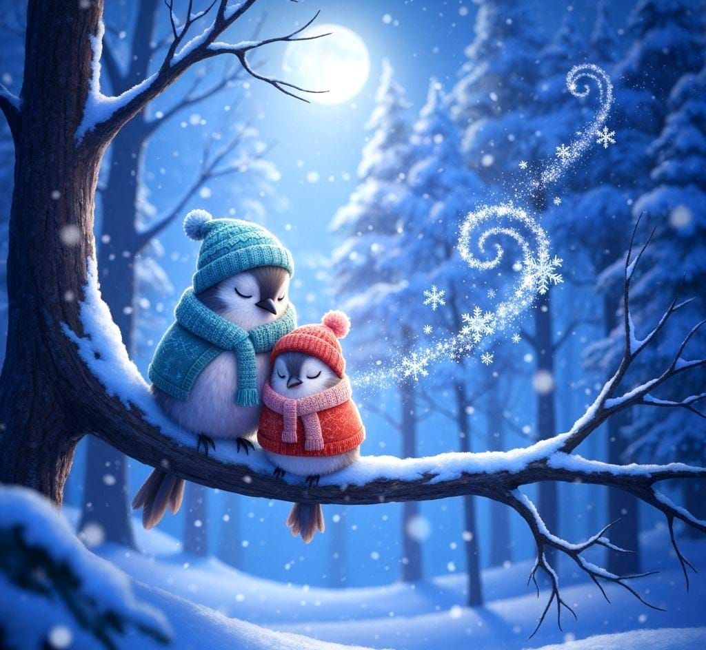 Fluffy Bird Couple in Winter Wonderland