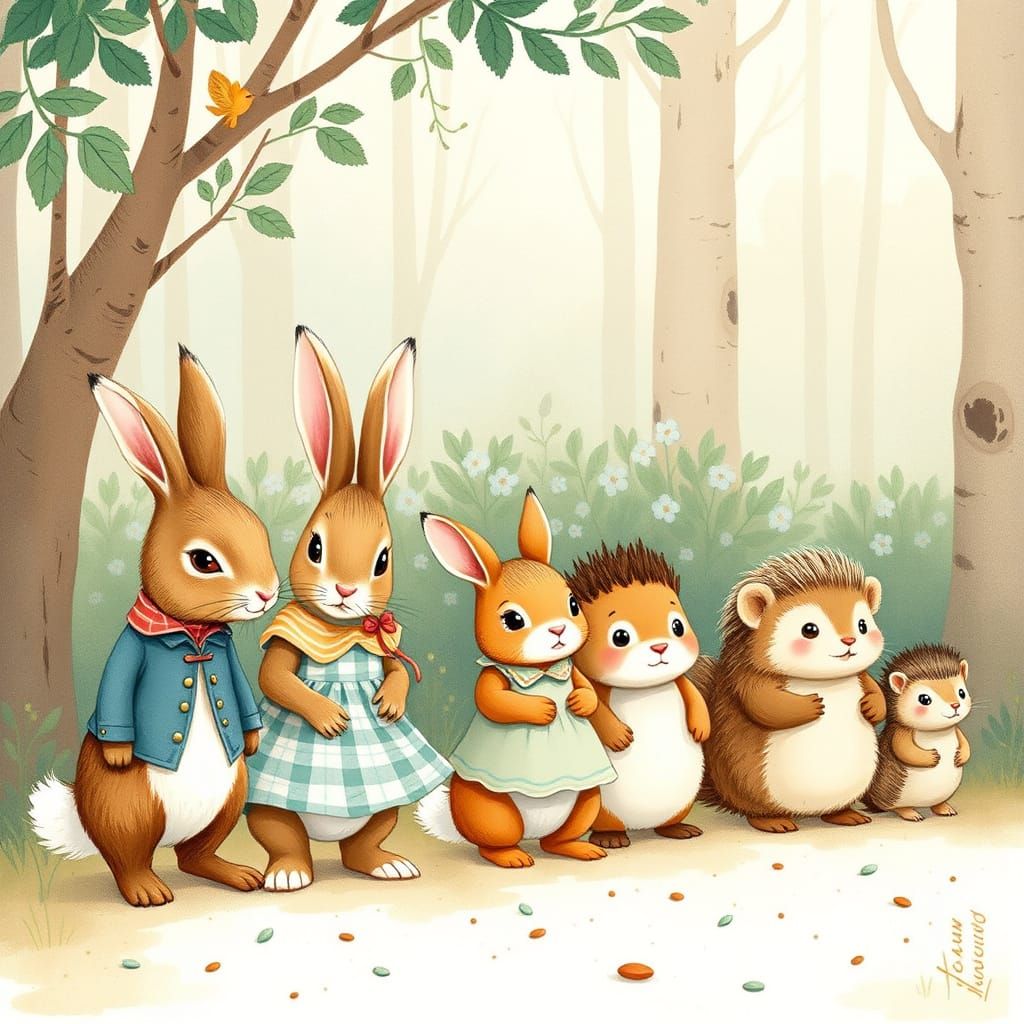 Whimsical Forest Animals in Line, Storybook Style
