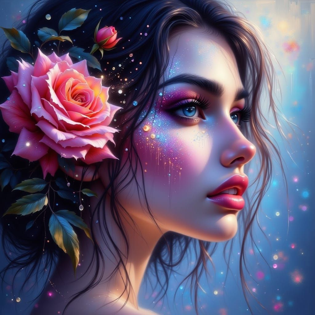 Ethereal Woman with Water Droplets and Rose