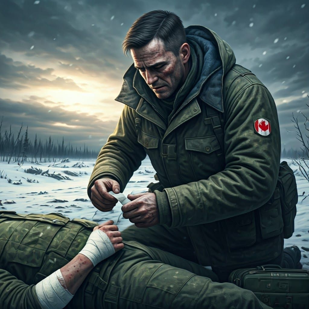 Wounded Soldier: A Medic's Care in Winter Landscape