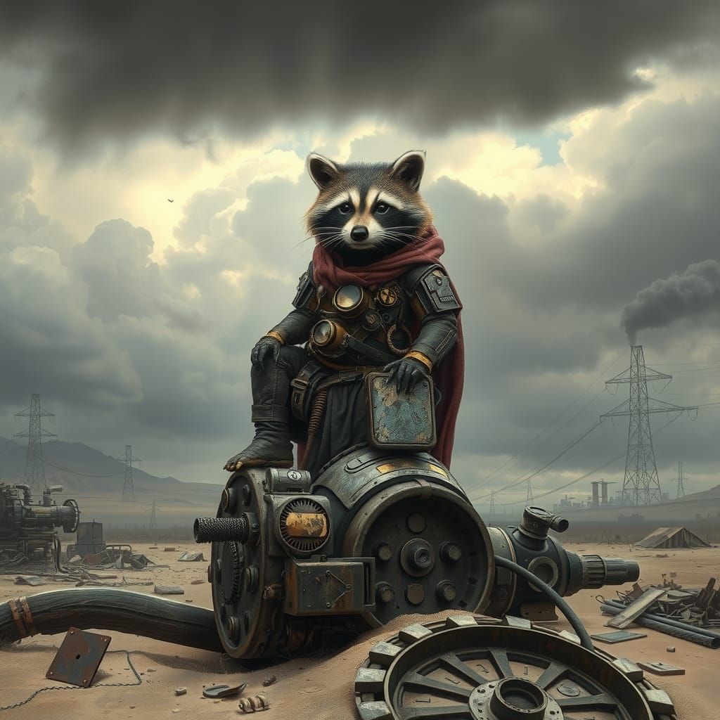 Dieselpunk Raccoon in Post-Apocalyptic Wasteland