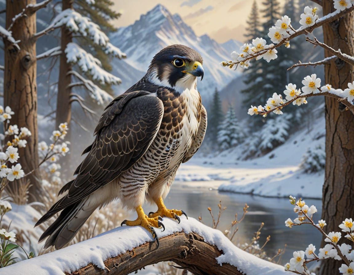 Stunning Brown Peregrine Falcon in a Triadic Color Winter Wo...
