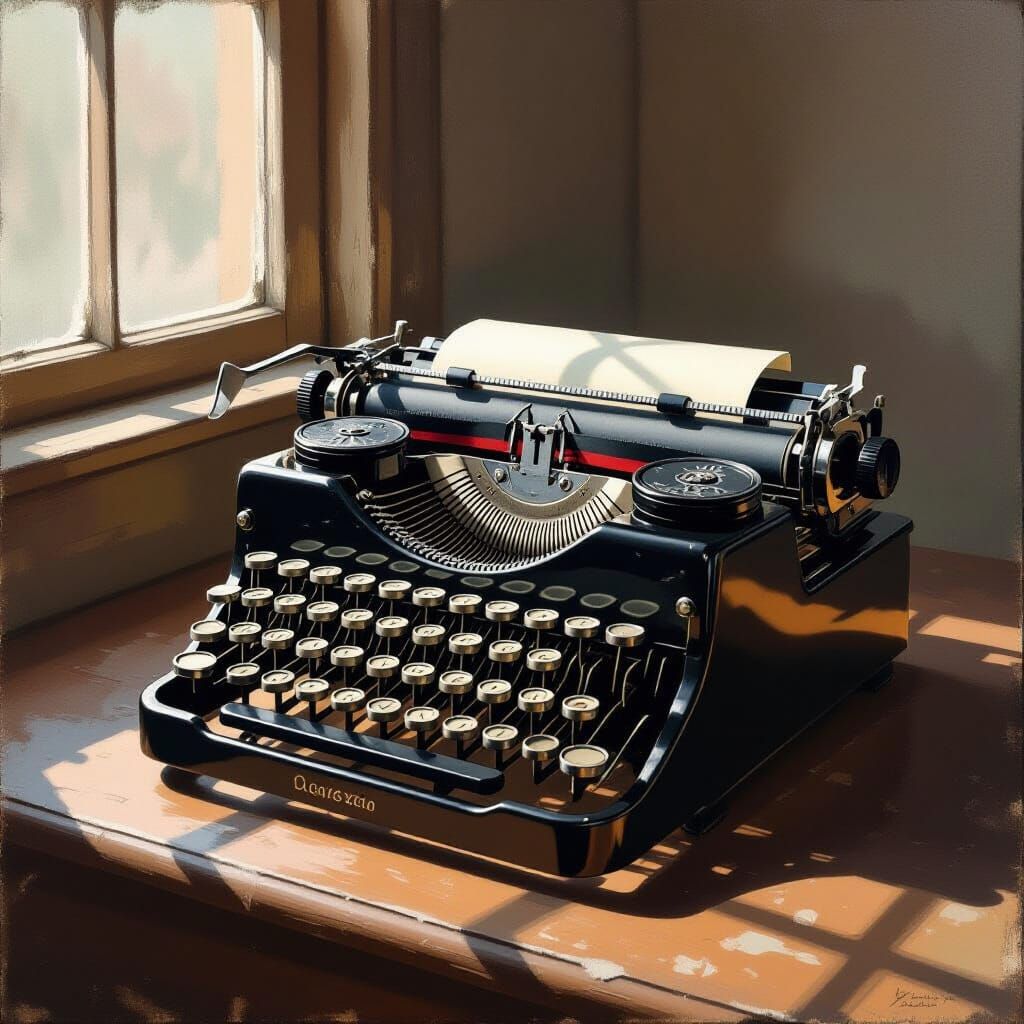 Melancholic Vintage Typewriter on Dusty Desk in Oil Painting...