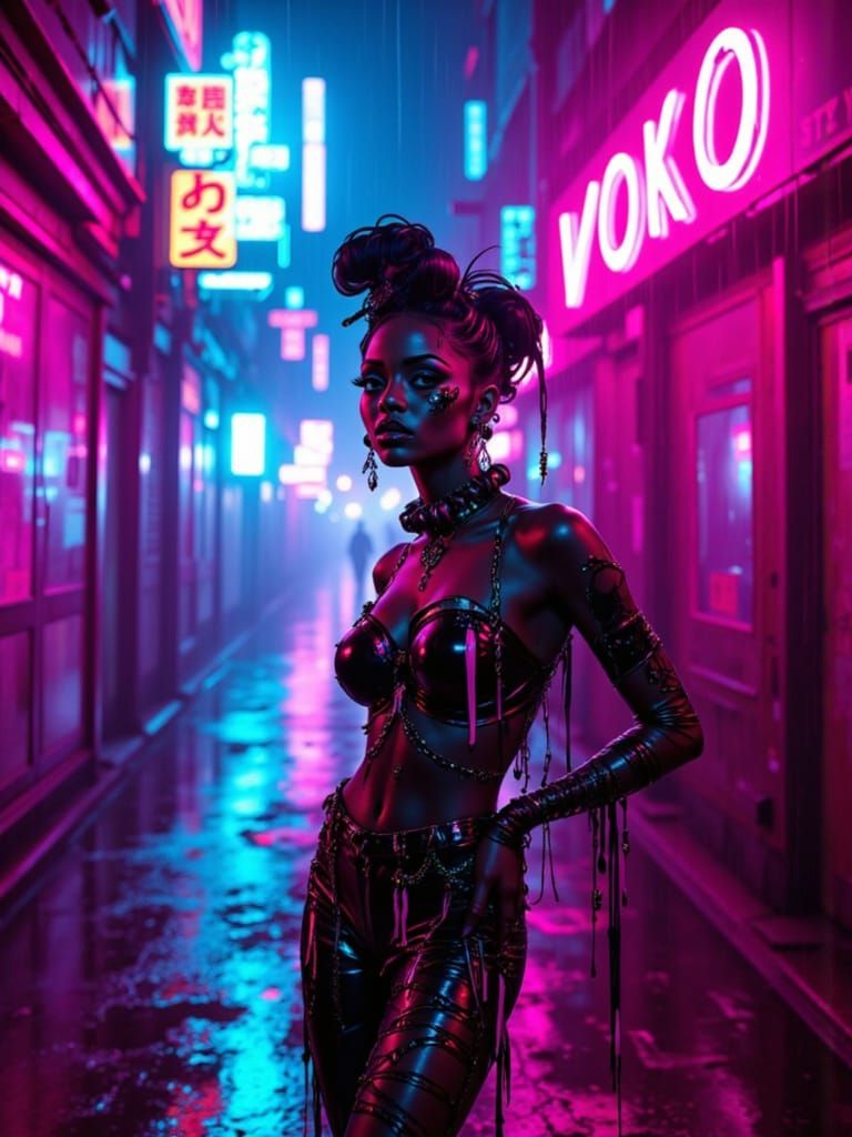 Cyberpunk Voodoo Fashionista in Neon Alley