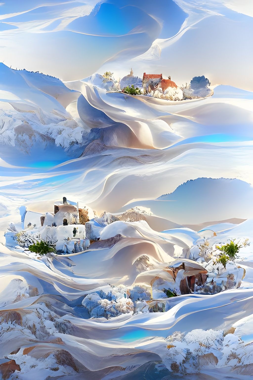 Winter Swirl Landscape with White Adobe Houses