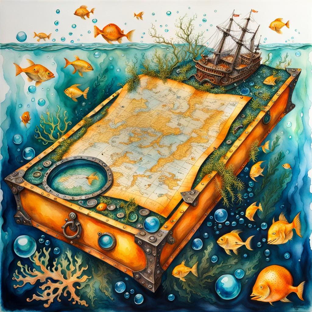 Underwater Treasure Map in Hyperdetailed Watercolor Style