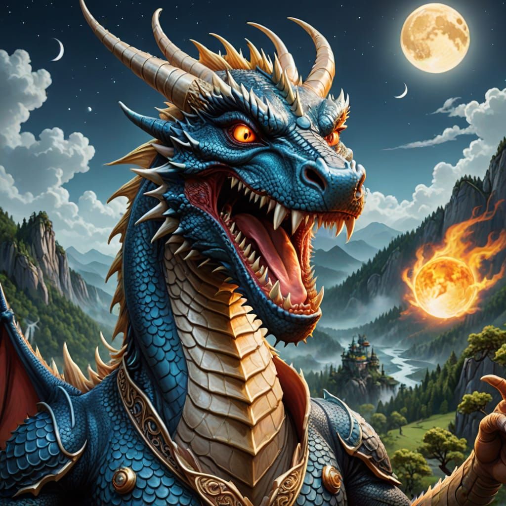 Dragon Selfie with Moon in the Wild