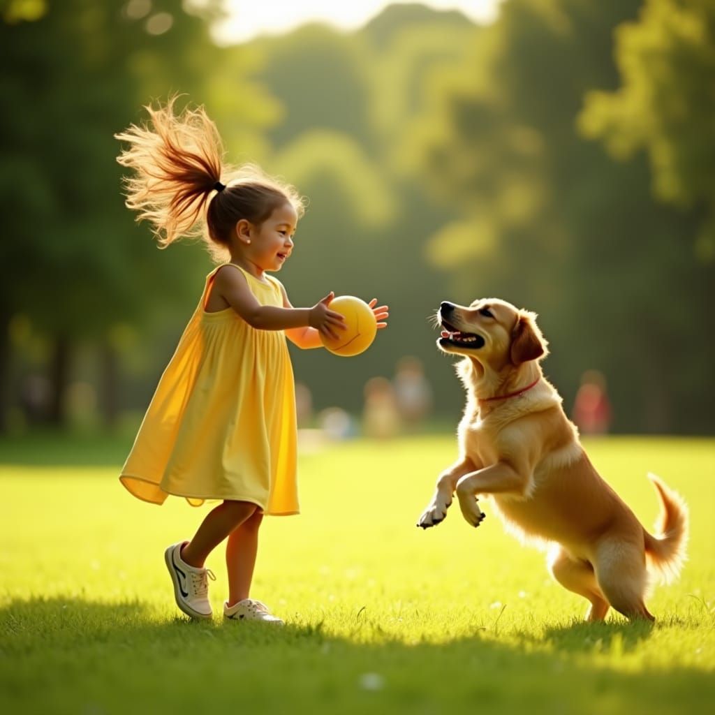 Girl and Dog Playing Fetch in Sunny Park