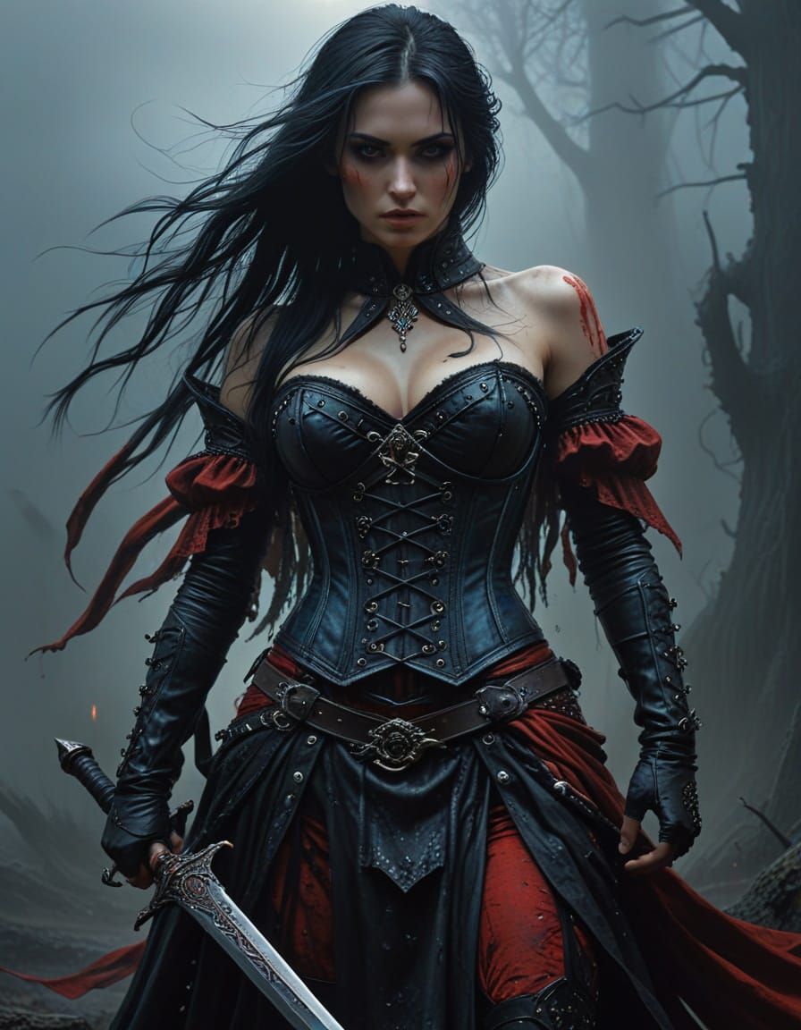 Goth Girl in Crimson Mist, Oil Painting Style