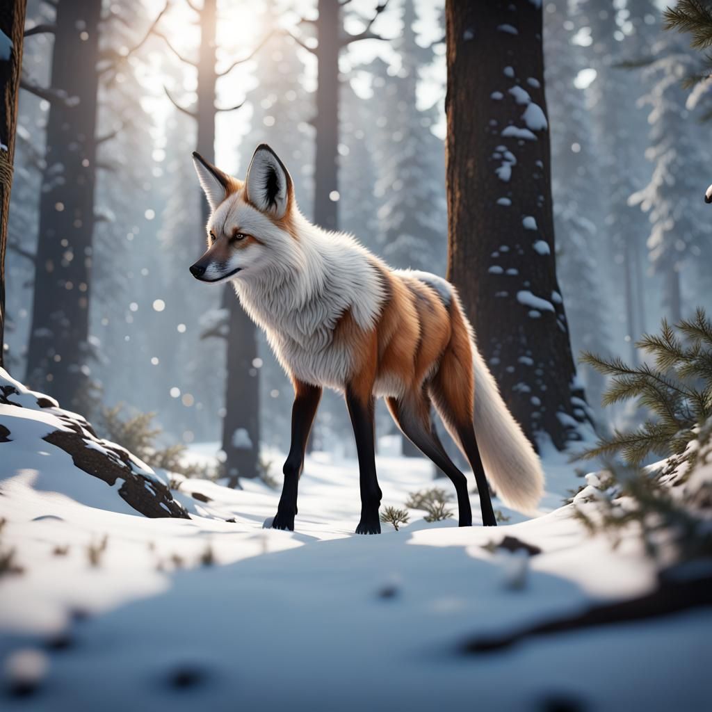 White Maned Wolf in Snowy Forest, 3D Render