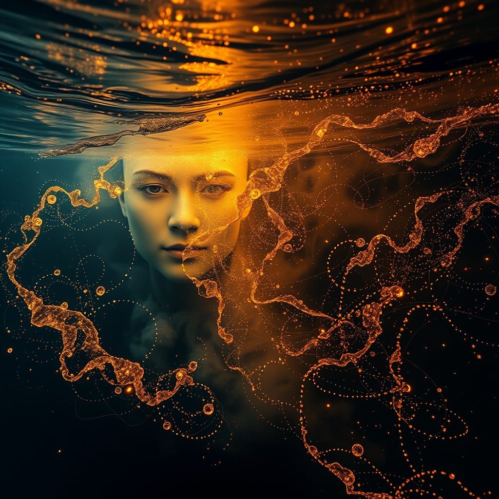 Ethereal Faces Emerge from Swirling Ink and Gold Underwater