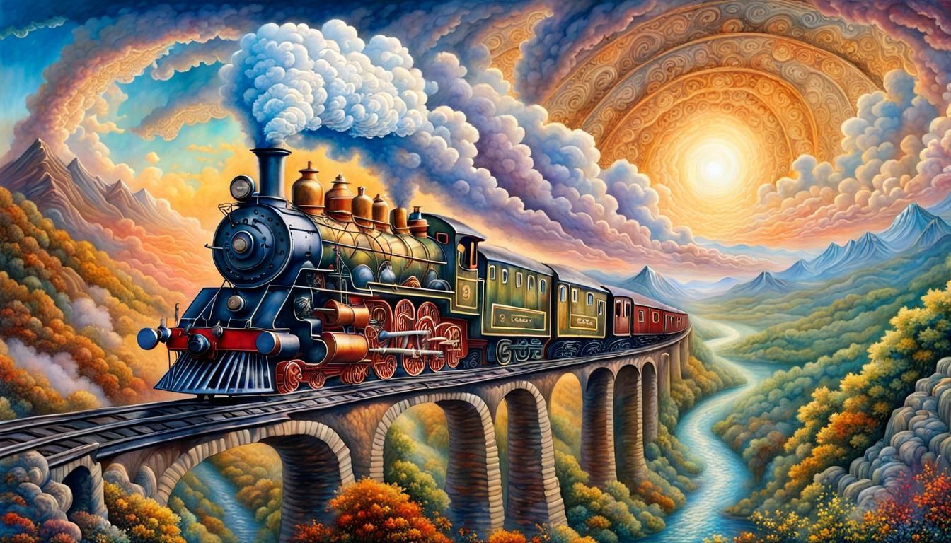 Steam Train on Spiral Track in Gouache Style