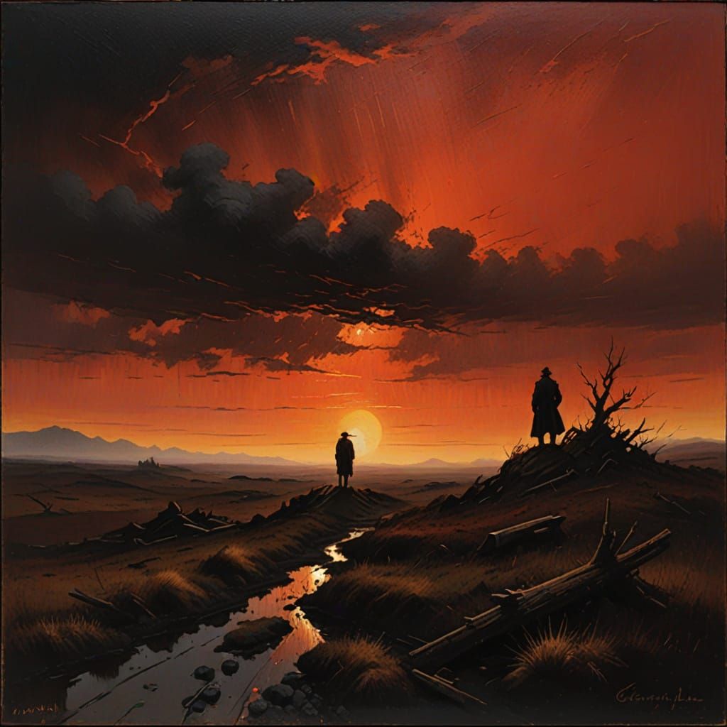 Lone Figure Under Blood-Red Sky in Romantic Oil Painting