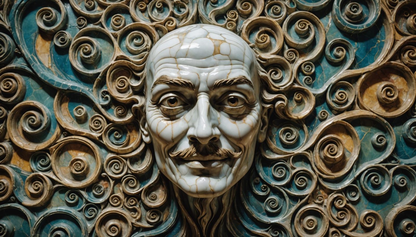 Surreal Marble Face Transforms in Labyrinthine Background