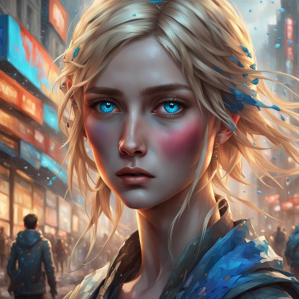 Crying Blonde Woman Walking Away: Hyperdetailed Portrait