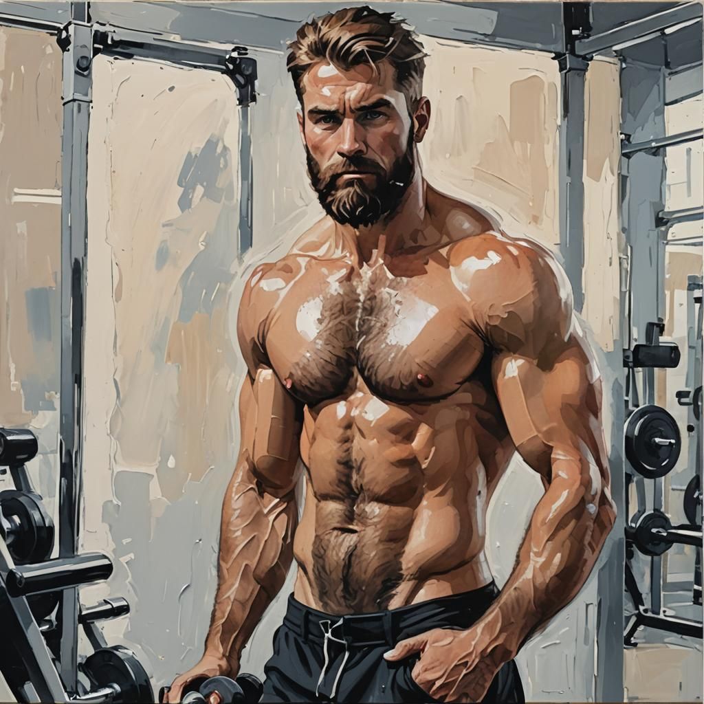 Shirtless Bearded Man in Gym, Minimalist Acrylic Art