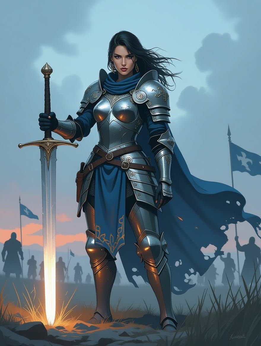 Knight Lady on Battlefield in Dramatic Lighting