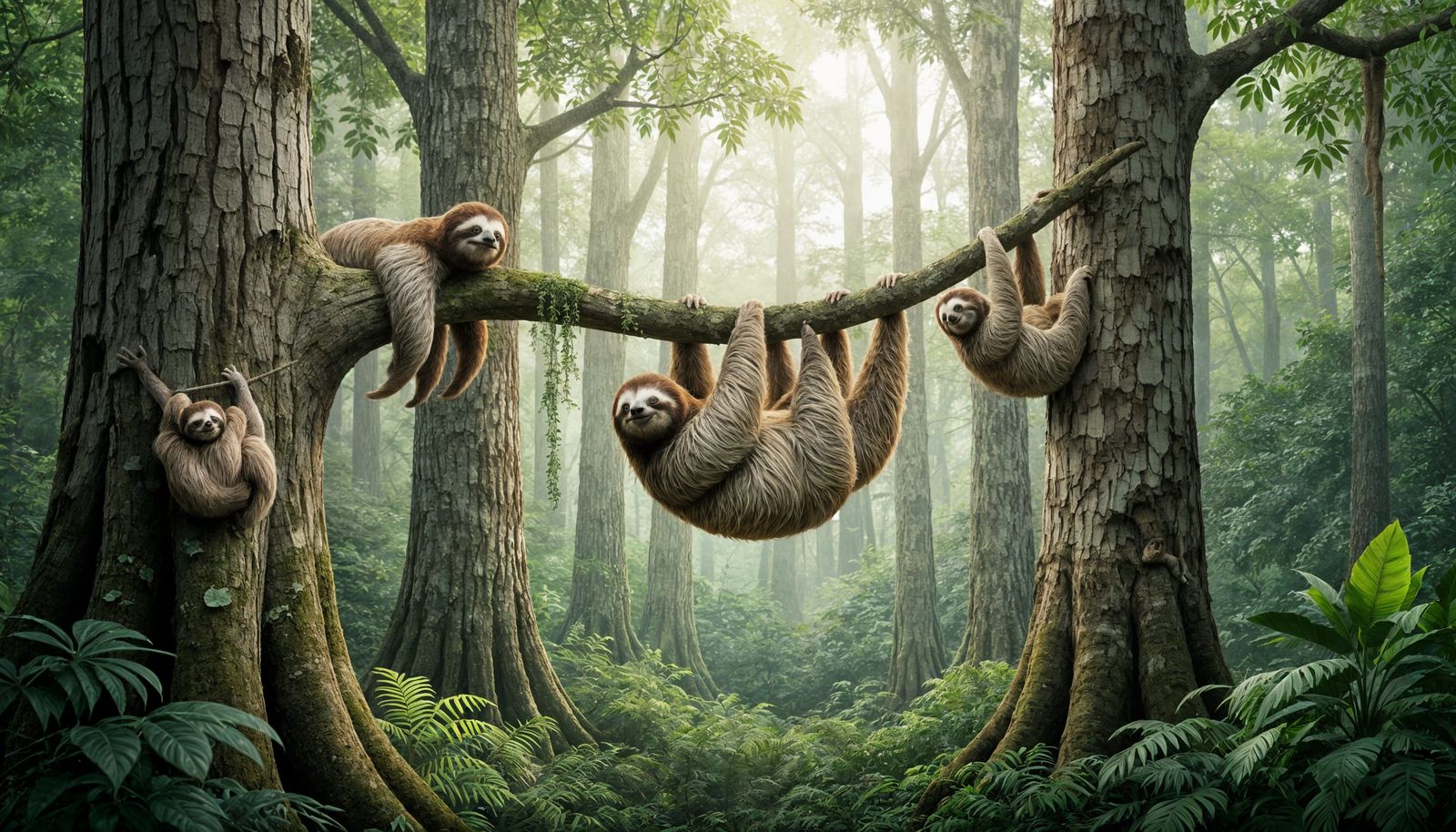 Sloths Hanging From Trees in a Dense Forest