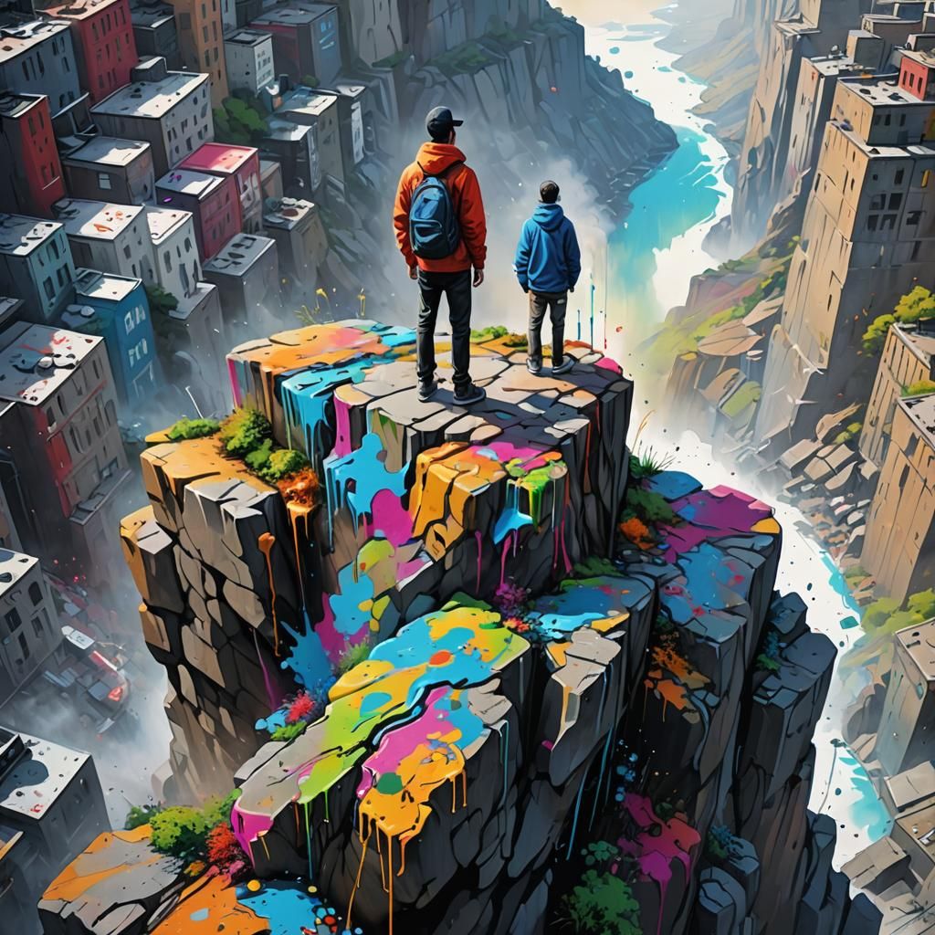 Person on Cliff in Graffiti Splash Art Style