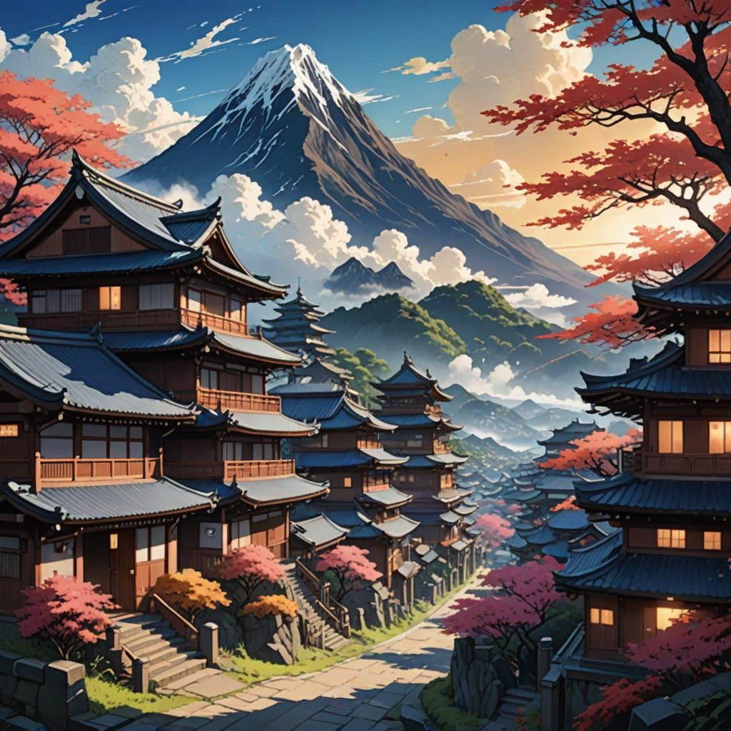 Majestic Mountain Meets Serene Village in Radiant Anime Styl...