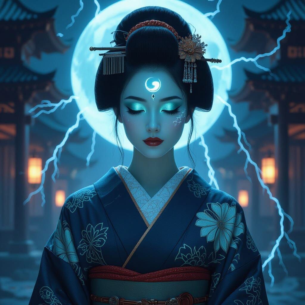 Mystic Geisha Woman with Glowing Skin and Lightning
