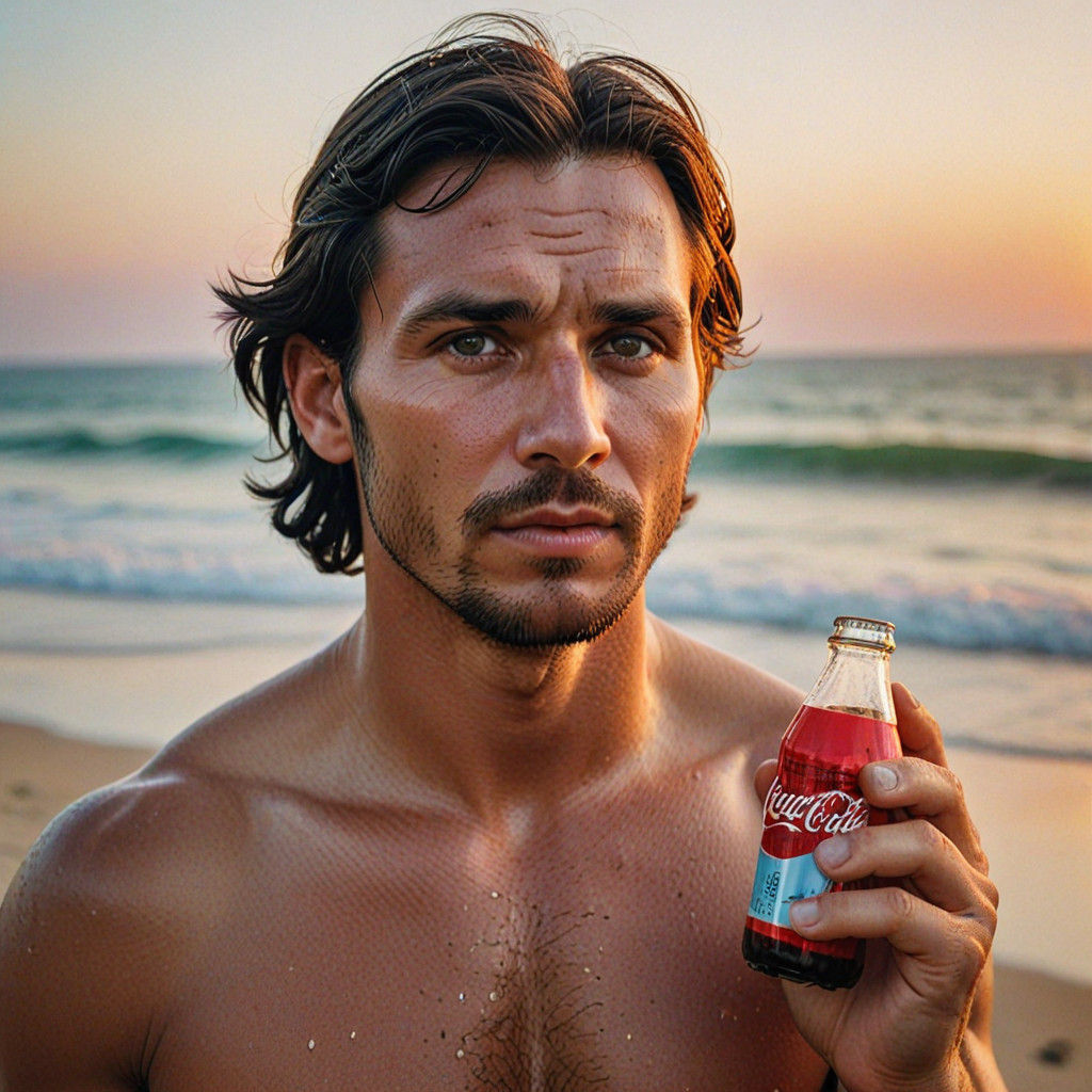 Muscular Guy Drinks Coca-Cola on Beach at Golden Hour