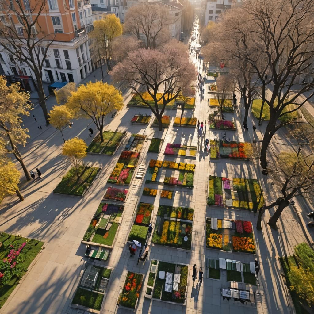 Springtime Children Playing in Sunny Town Square